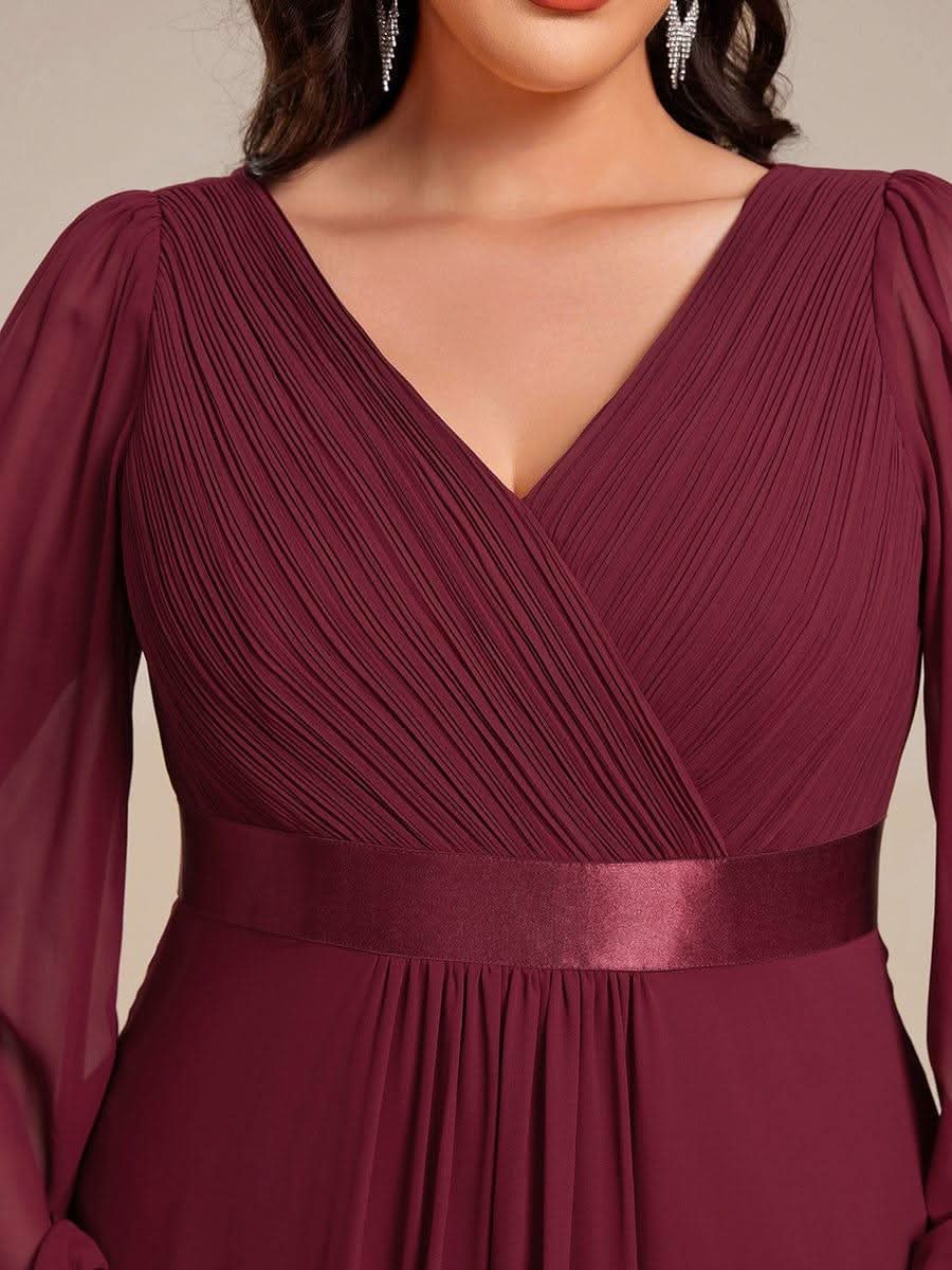 Plus Size A-Line Long Sleeve Chiffon Pleated Formal Dress #color_Burgundy
