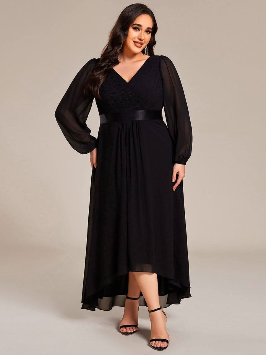 Plus Size A-Line Long Sleeve Chiffon Pleated Formal Dress #color_Black