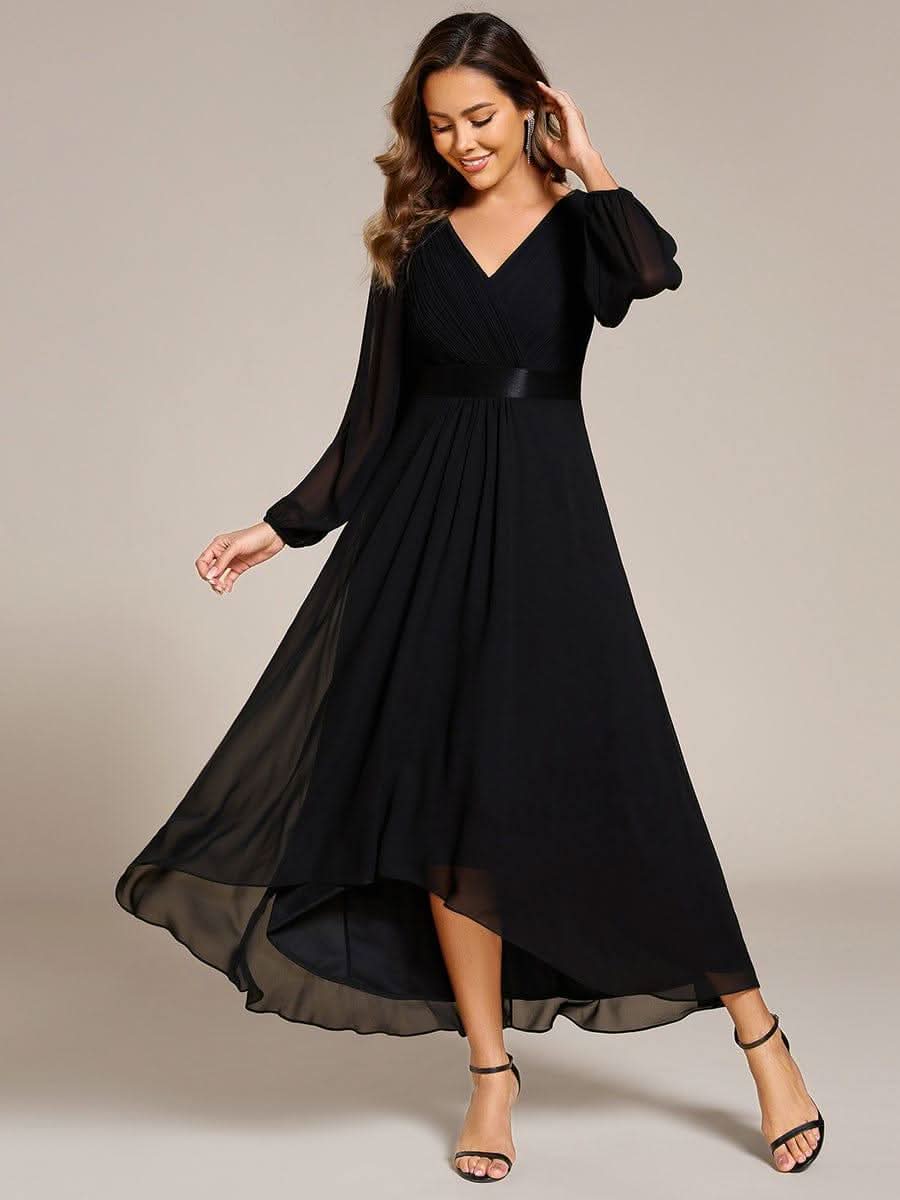 Long Sleeve A Line Chiffon Pleated Asymmetrical Hem Formal Dress #color_Black