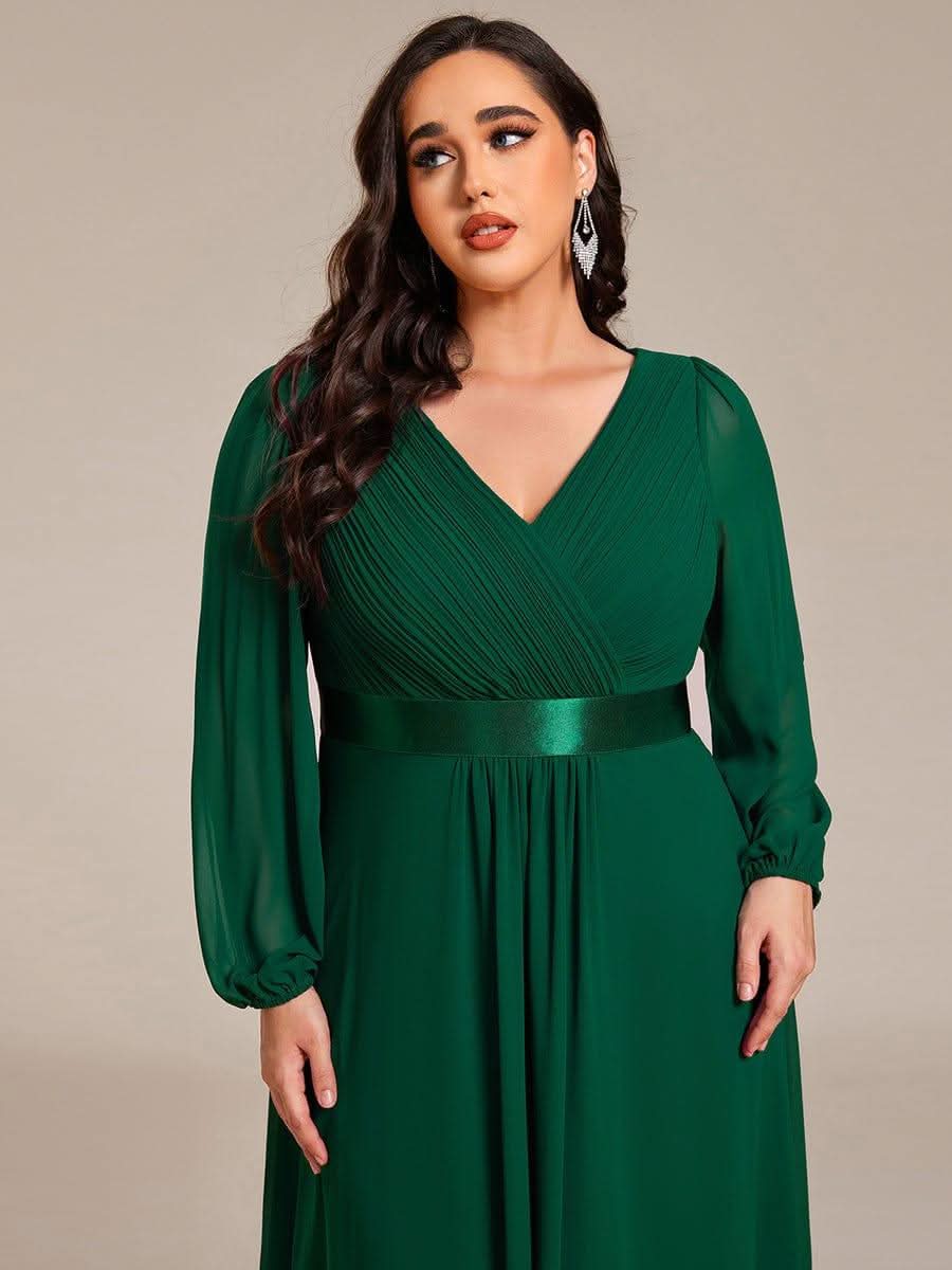 Plus Size A-Line Long Sleeve Chiffon Pleated Formal Dress #color_Dark Green
