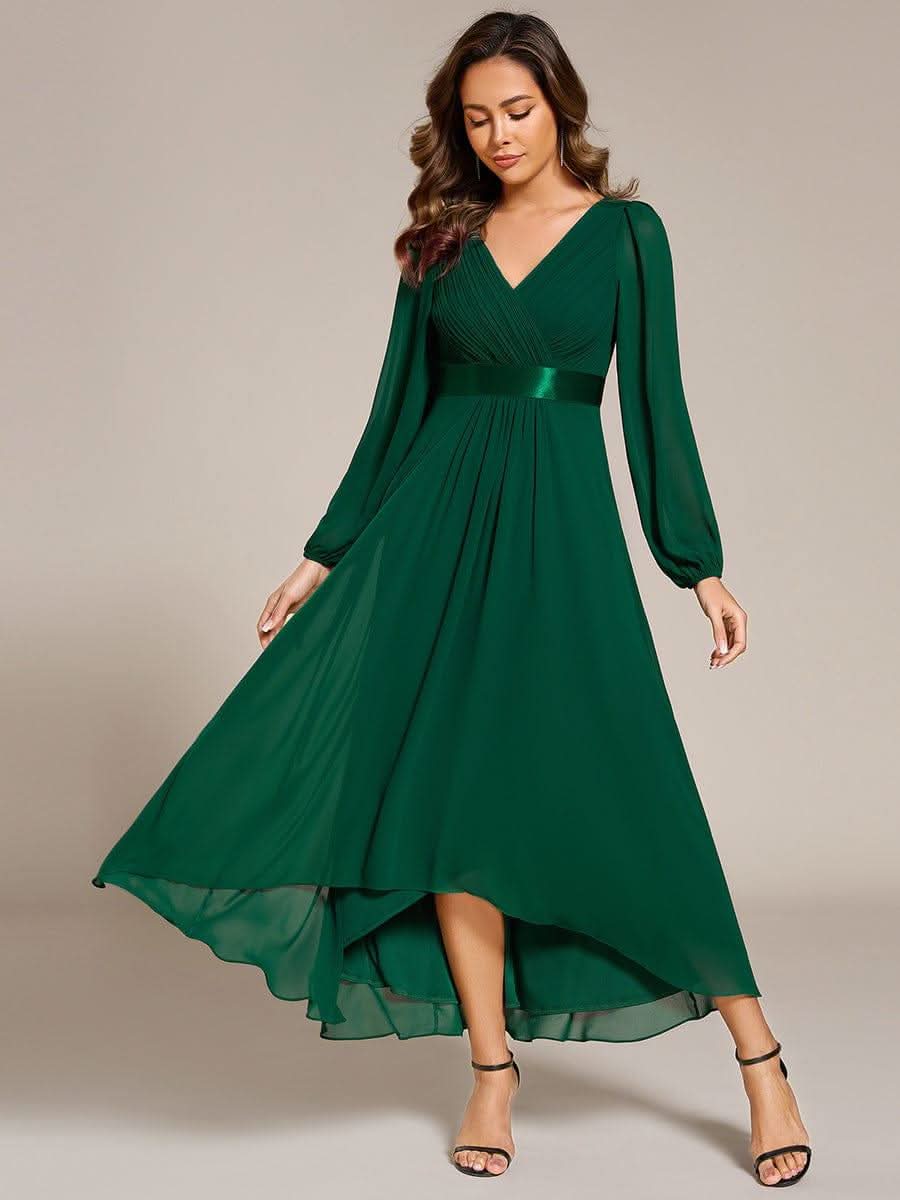 Long Sleeve A Line Chiffon Pleated Asymmetrical Hem Formal Dress #color_Dark Green