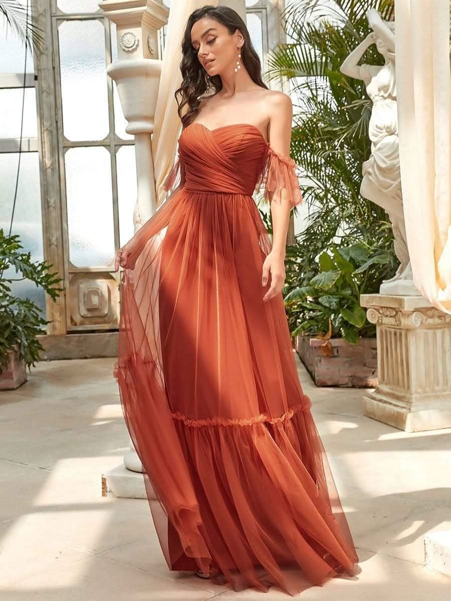 Off-Shoulder Sweetheart Double Layer Pleated Evening Dress #color_Burnt Orange
