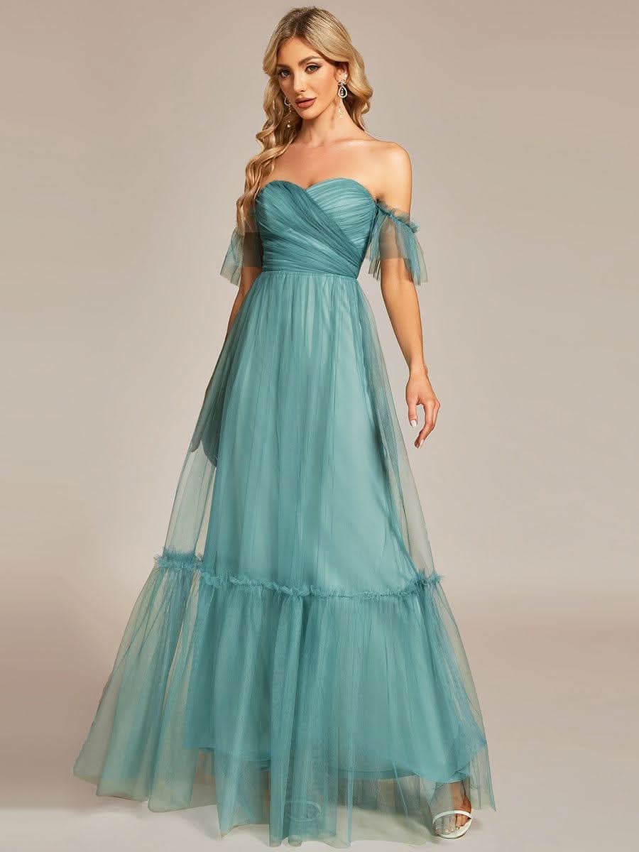 Off-Shoulder Sweetheart Double Layer Pleated Evening Dress #color_Light Teal