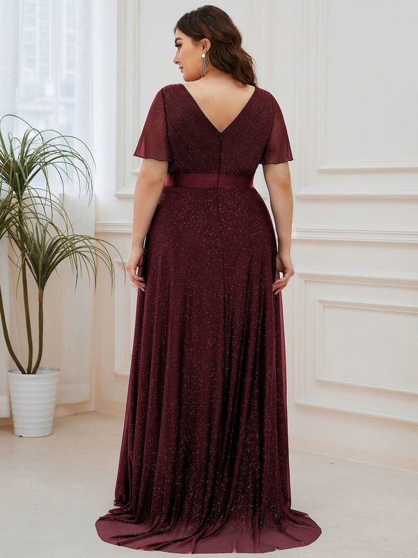 Sparkling Short Sleeve V-Neck Ribbon Waist A-Line Evening Dress #color_Burgundy ever LIOR¨¦|Glitter Short Sleeve V-Neck A-Line Wedding Guest Dress
