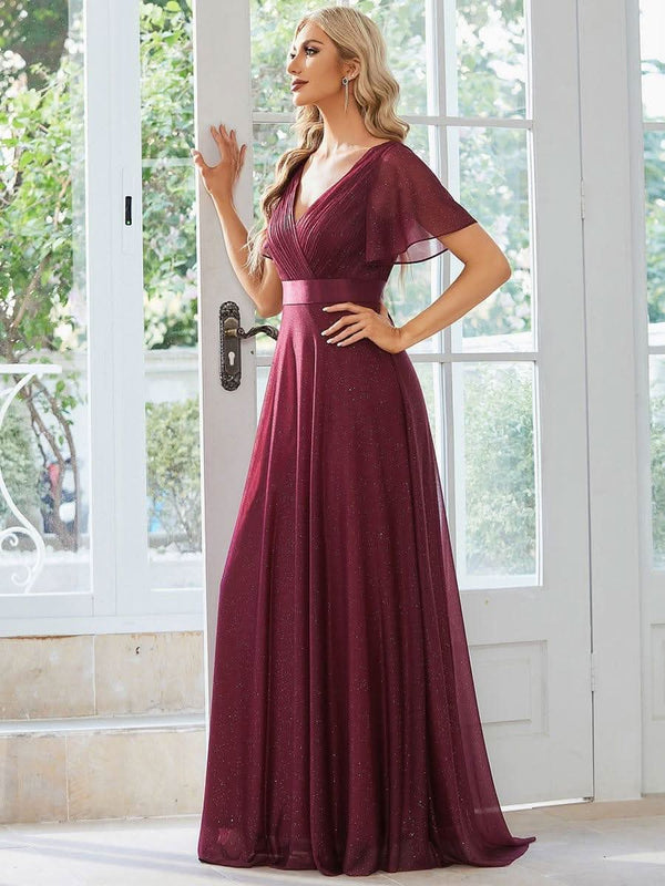 Sparkling Short Sleeve V-Neck Ribbon Waist A-Line Evening Dress #color_Burgundy ever LIOR¨¦|Glitter Short Sleeve V-Neck A-Line Wedding Guest Dress