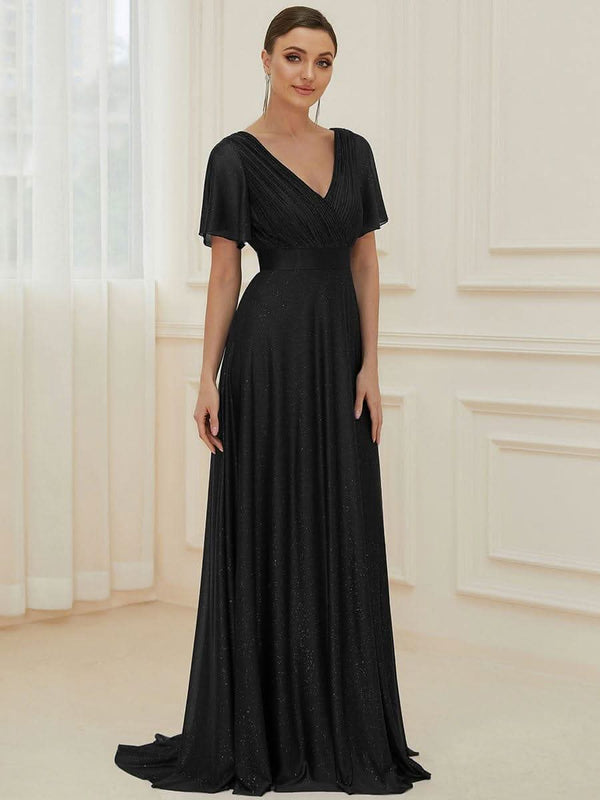 Sparkling Short Sleeve V-Neck Ribbon Waist A-Line Evening Dress #color_Burgundy ever LIOR¨¦|Glitter Short Sleeve V-Neck A-Line Wedding Guest Dress