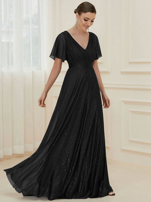 Sparkling Short Sleeve V-Neck Ribbon Waist A-Line Evening Dress #color_Burgundy ever LIOR¨¦|Glitter Short Sleeve V-Neck A-Line Wedding Guest Dress