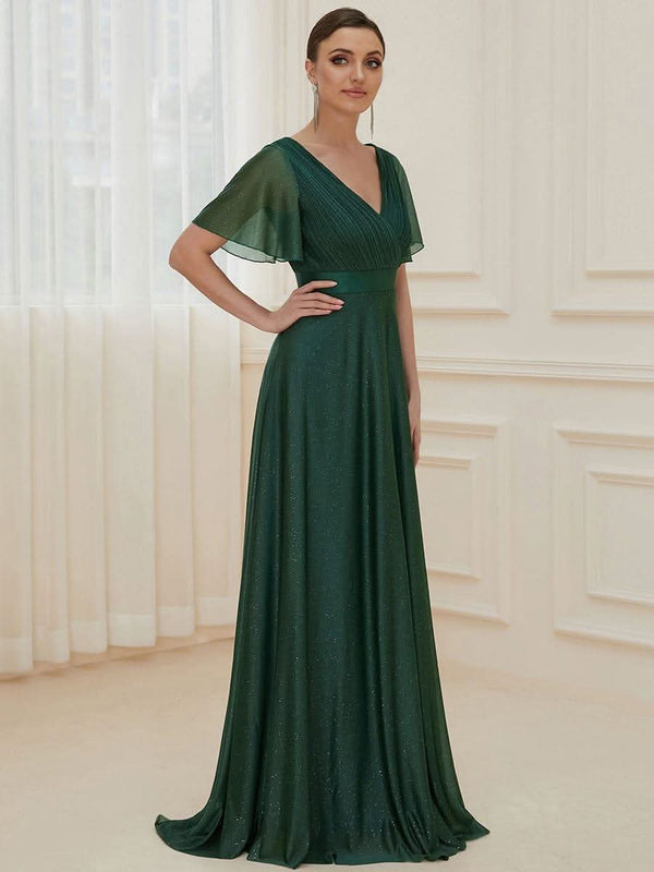 Sparkling Short Sleeve V-Neck Ribbon Waist A-Line Evening Dress #color_Burgundy ever LIOR¨¦|Glitter Short Sleeve V-Neck A-Line Wedding Guest Dress
