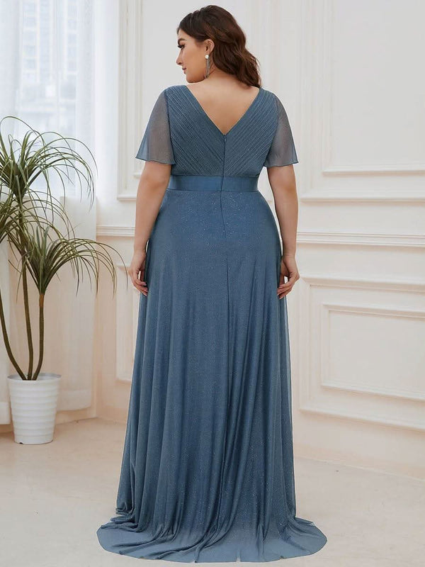Sparkling Short Sleeve V-Neck Ribbon Waist A-Line Evening Dress #color_Burgundy ever LIOR¨¦|Glitter Short Sleeve V-Neck A-Line Wedding Guest Dress