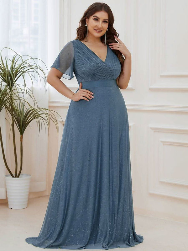 Sparkling Short Sleeve V-Neck Ribbon Waist A-Line Evening Dress #color_Burgundy ever LIOR¨¦|Glitter Short Sleeve V-Neck A-Line Wedding Guest Dress