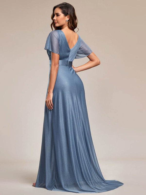 Sparkling Short Sleeve V-Neck Ribbon Waist A-Line Evening Dress #color_Burgundy ever LIOR¨¦|Glitter Short Sleeve V-Neck A-Line Wedding Guest Dress
