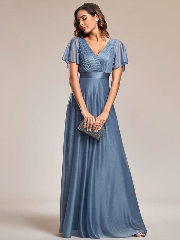 Sparkling Short Sleeve V-Neck Ribbon Waist A-Line Evening Dress #color_Burgundy ever LIOR¨¦|Glitter Short Sleeve V-Neck A-Line Wedding Guest Dress