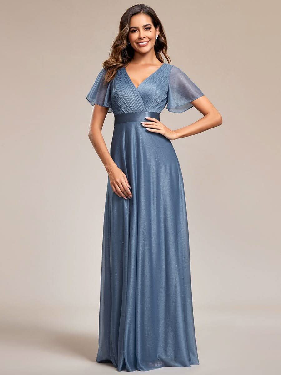 Sparkling Short Sleeve V-Neck Ribbon Waist A-Line Evening Dress #color_Dusty Blue