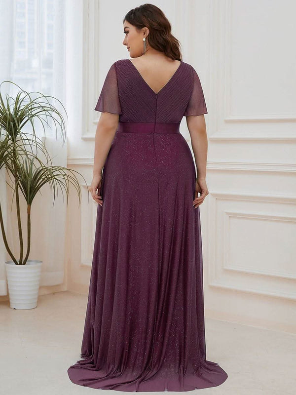Sparkling Short Sleeve V-Neck Ribbon Waist A-Line Evening Dress #color_Burgundy ever LIOR¨¦|Glitter Short Sleeve V-Neck A-Line Wedding Guest Dress