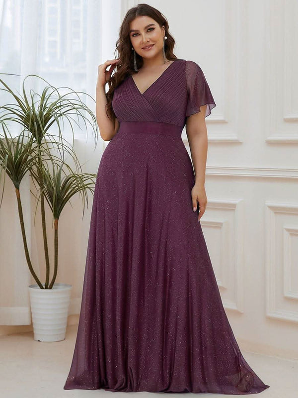 Sparkling Short Sleeve V-Neck Ribbon Waist A-Line Evening Dress #color_Burgundy ever LIOR¨¦|Glitter Short Sleeve V-Neck A-Line Wedding Guest Dress