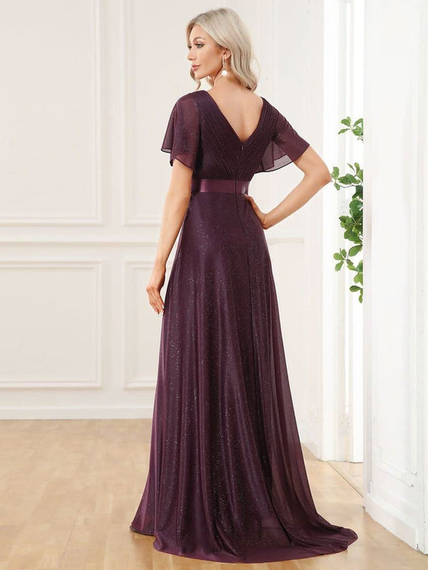 Sparkling Short Sleeve V-Neck Ribbon Waist A-Line Evening Dress #color_Burgundy ever LIOR¨¦|Glitter Short Sleeve V-Neck A-Line Wedding Guest Dress