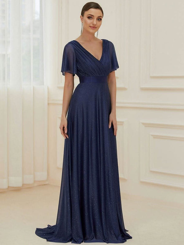 Sparkling Short Sleeve V-Neck Ribbon Waist A-Line Evening Dress #color_Burgundy ever LIOR¨¦|Glitter Short Sleeve V-Neck A-Line Wedding Guest Dress