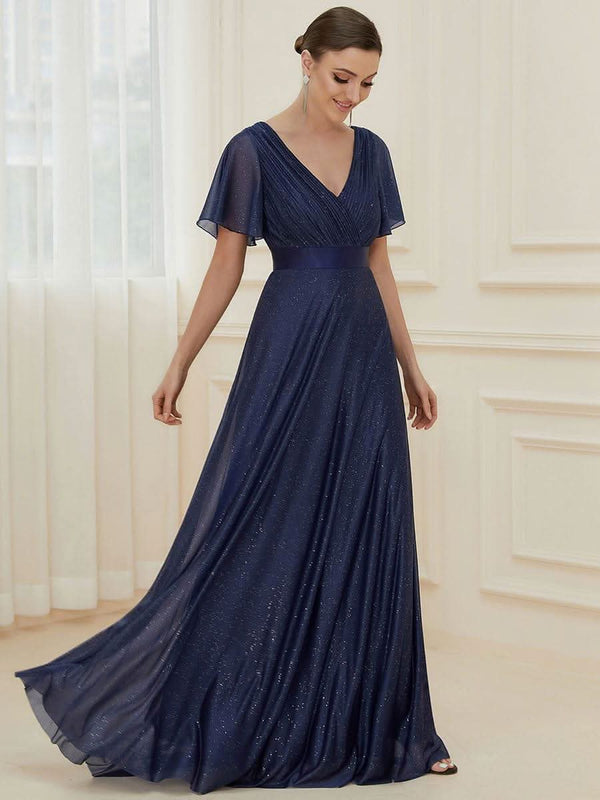 Sparkling Short Sleeve V-Neck Ribbon Waist A-Line Evening Dress #color_Burgundy ever LIOR¨¦|Glitter Short Sleeve V-Neck A-Line Wedding Guest Dress