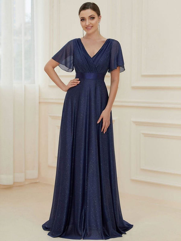 Sparkling Short Sleeve V-Neck Ribbon Waist A-Line Evening Dress #color_Burgundy ever LIOR¨¦|Glitter Short Sleeve V-Neck A-Line Wedding Guest Dress