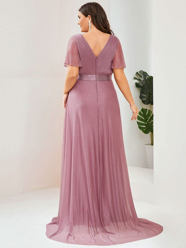 Sparkling Short Sleeve V-Neck Ribbon Waist A-Line Evening Dress #color_Burgundy ever LIOR¨¦|Glitter Short Sleeve V-Neck A-Line Wedding Guest Dress
