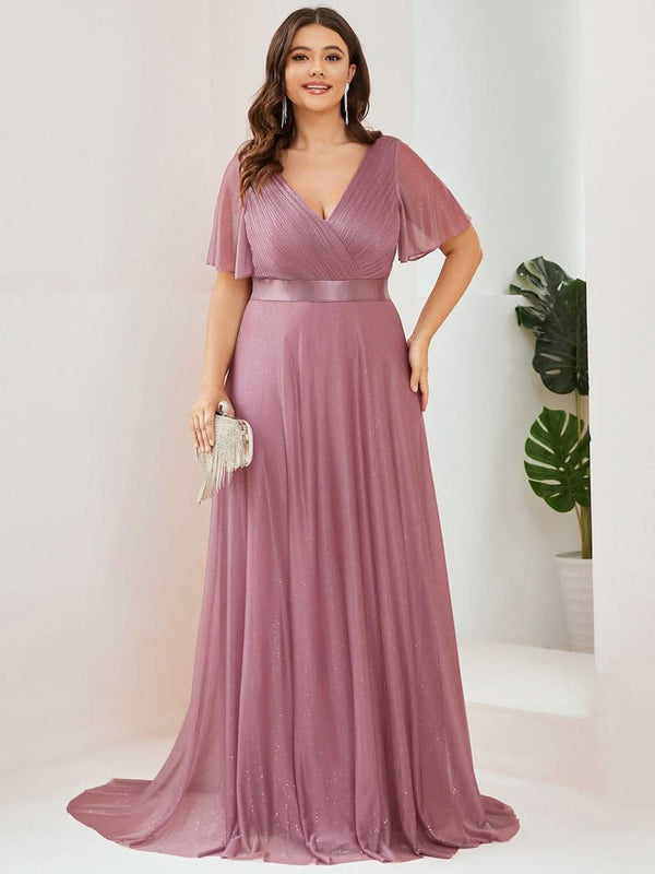 Sparkling Short Sleeve V-Neck Ribbon Waist A-Line Evening Dress #color_Burgundy ever LIOR¨¦|Glitter Short Sleeve V-Neck A-Line Wedding Guest Dress