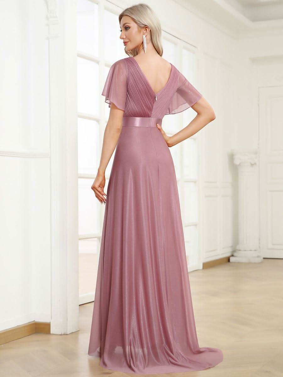 Sparkling Short Sleeve V-Neck Ribbon Waist A-Line Evening Dress #color_Purple Orchid
