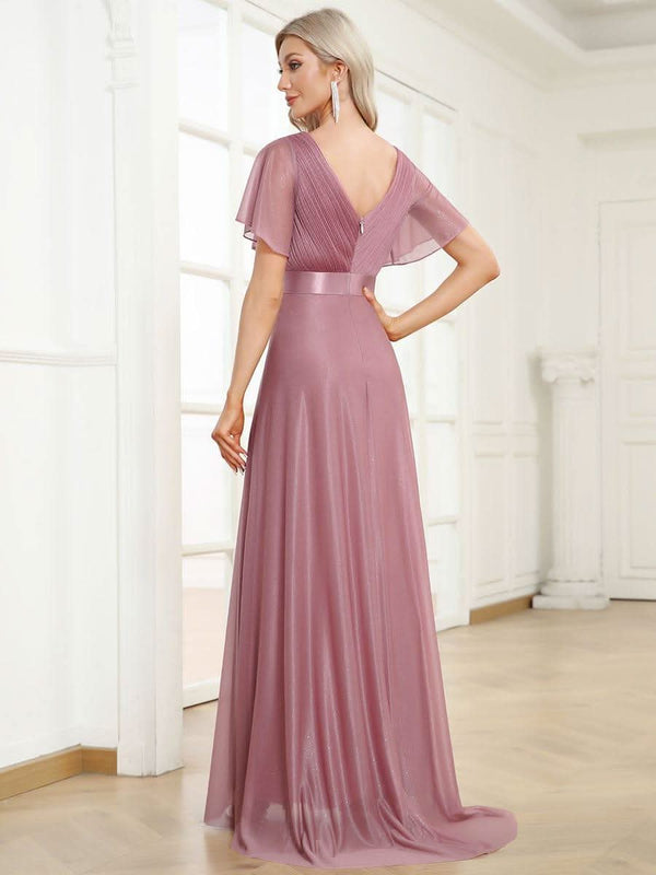 Sparkling Short Sleeve V-Neck Ribbon Waist A-Line Evening Dress #color_Burgundy ever LIOR¨¦|Glitter Short Sleeve V-Neck A-Line Wedding Guest Dress