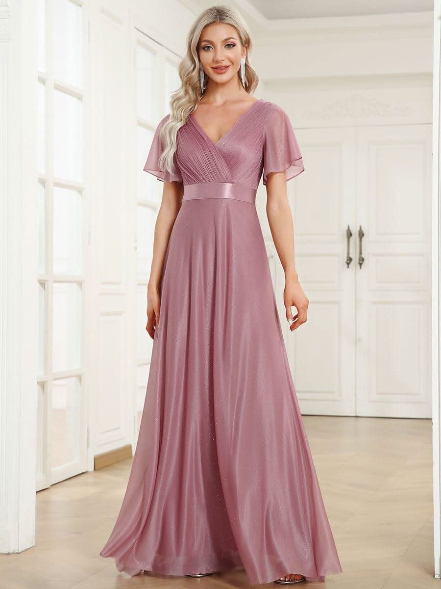 Sparkling Short Sleeve V-Neck Ribbon Waist A-Line Evening Dress #color_Purple Orchid