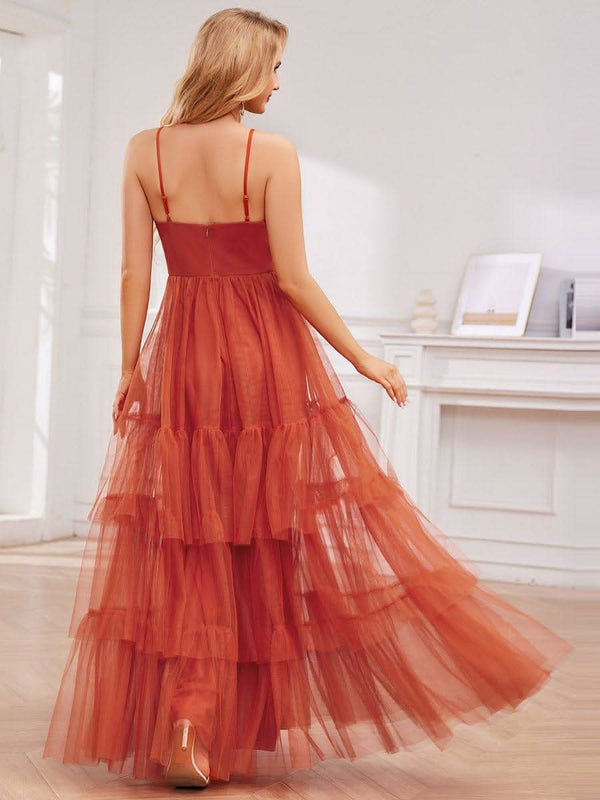 V Neck Tiered Tulle Spaghetti Strap Bridesmaid Dress #color_Burnt Orange V Neck Tiered Tulle Spaghetti Strap Bridesmaid Dress