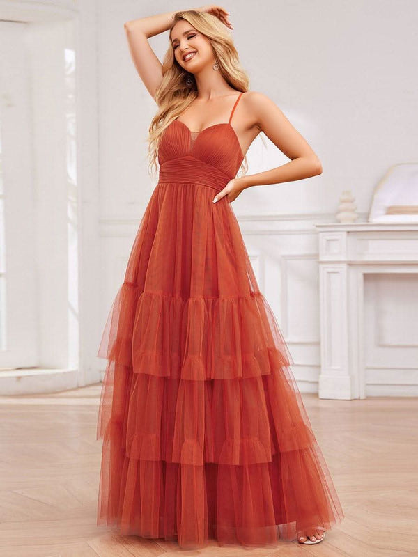 V Neck Tiered Tulle Spaghetti Strap Bridesmaid Dress #color_Burnt Orange V Neck Tiered Tulle Spaghetti Strap Bridesmaid Dress