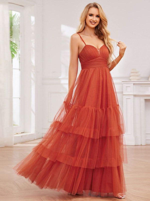 V Neck Tiered Tulle Spaghetti Strap Bridesmaid Dress #color_Burnt Orange V Neck Tiered Tulle Spaghetti Strap Bridesmaid Dress