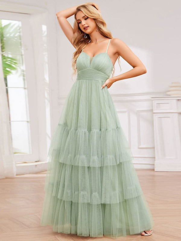 V Neck Tiered Tulle Spaghetti Strap Bridesmaid Dress #color_Burnt Orange V Neck Tiered Tulle Spaghetti Strap Bridesmaid Dress