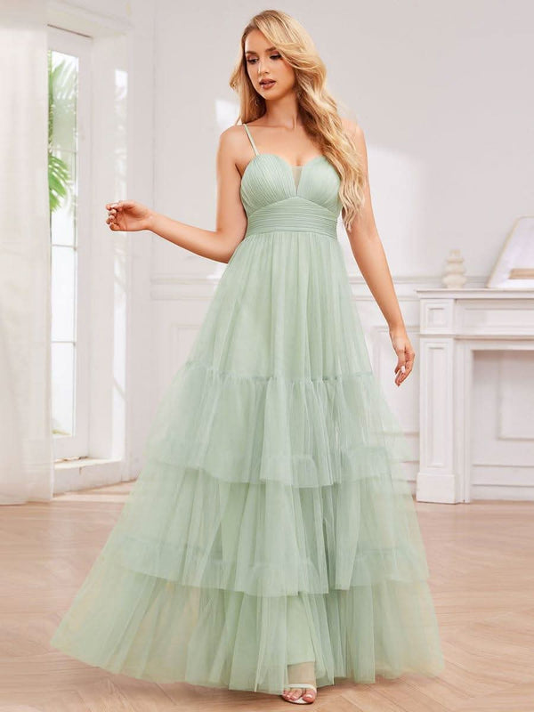 V Neck Tiered Tulle Spaghetti Strap Bridesmaid Dress #color_Burnt Orange V Neck Tiered Tulle Spaghetti Strap Bridesmaid Dress