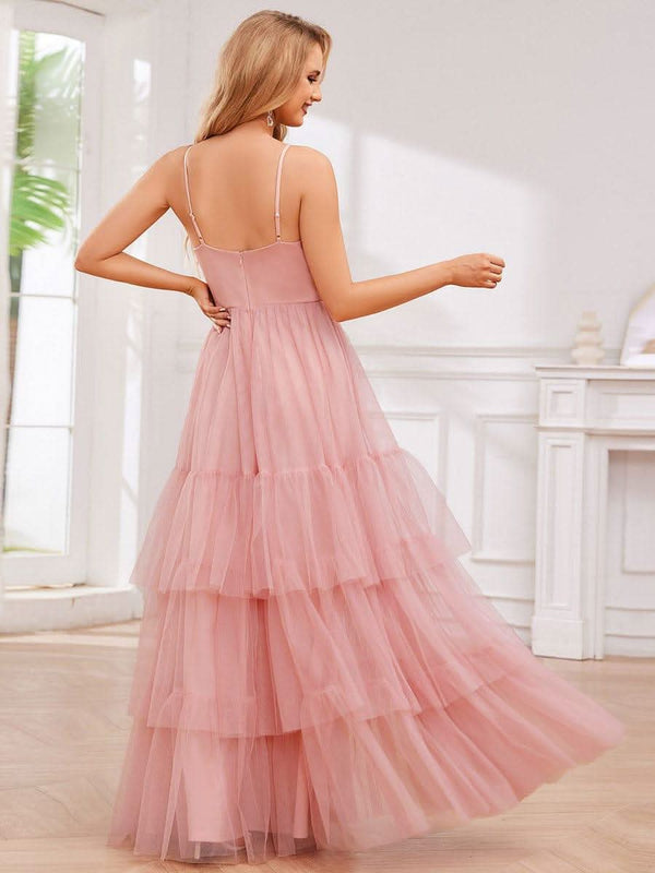 V Neck Tiered Tulle Spaghetti Strap Bridesmaid Dress #color_Burnt Orange V Neck Tiered Tulle Spaghetti Strap Bridesmaid Dress