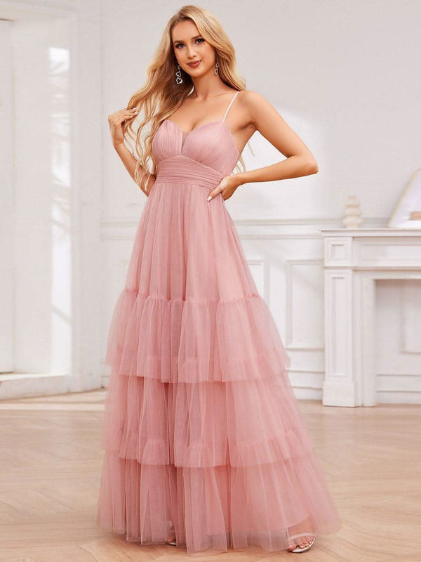 V Neck Tiered Tulle Spaghetti Strap Bridesmaid Dress #color_Burnt Orange V Neck Tiered Tulle Spaghetti Strap Bridesmaid Dress