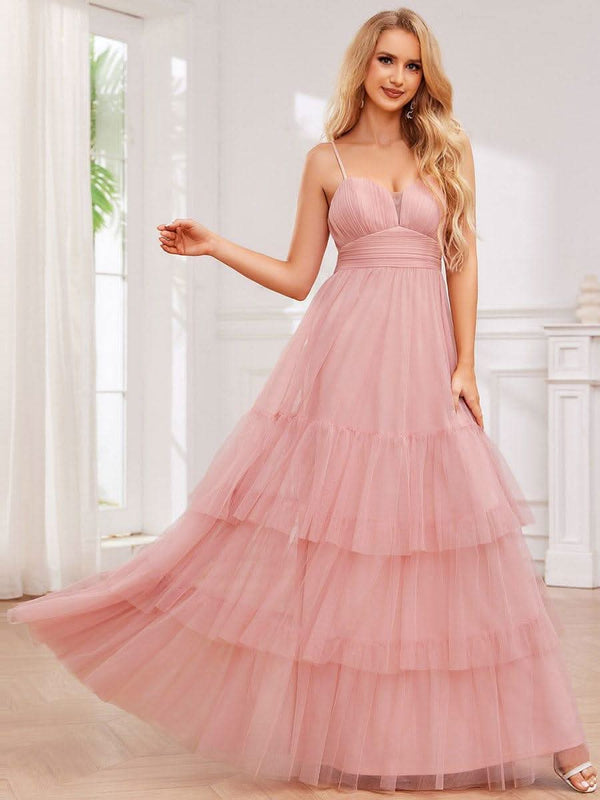 V Neck Tiered Tulle Spaghetti Strap Bridesmaid Dress #color_Burnt Orange V Neck Tiered Tulle Spaghetti Strap Bridesmaid Dress