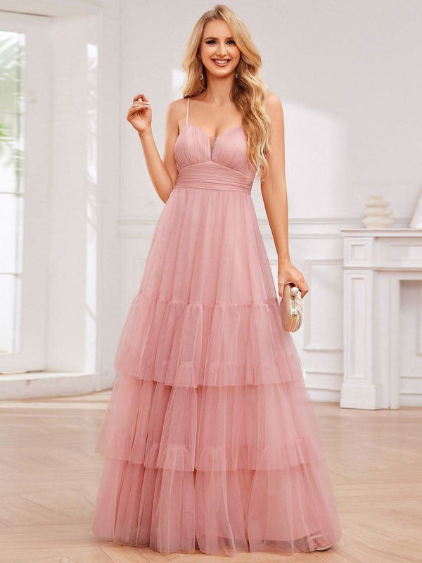 V Neck Tiered Tulle Spaghetti Strap Bridesmaid Dress #color_Burnt Orange V Neck Tiered Tulle Spaghetti Strap Bridesmaid Dress