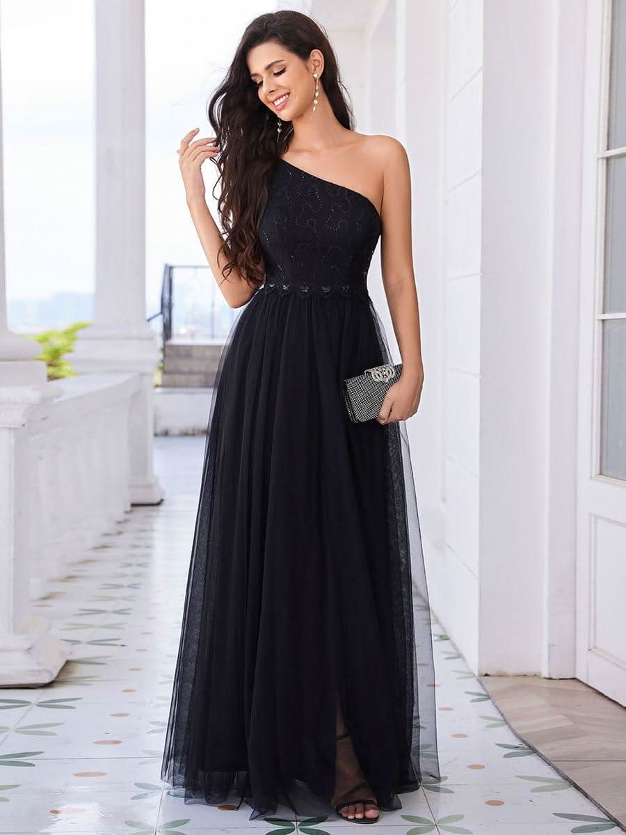 One-Shoulder Embellished Tulle Formal Evening Dress #color_Black