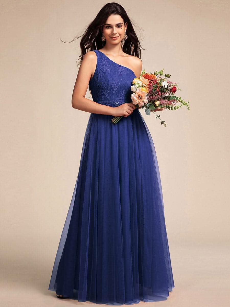 One-Shoulder Embellished Tulle Formal Evening Dress #color_Sapphire Blue