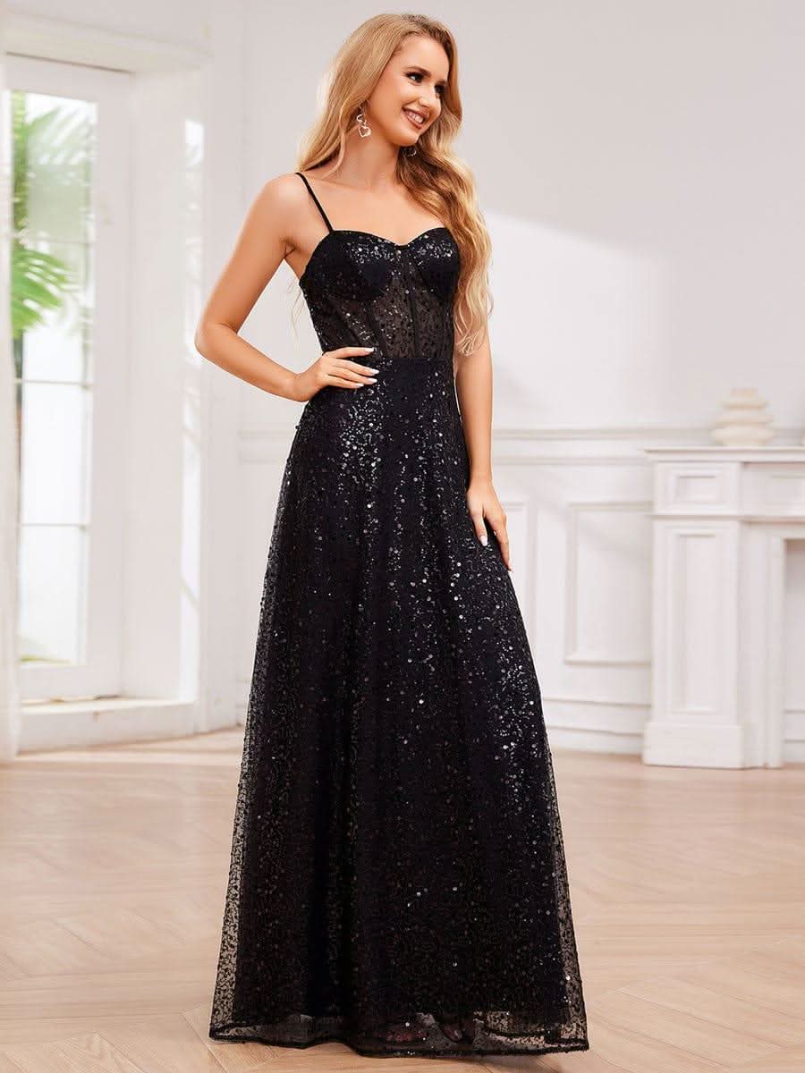 Elegant Sequin Spaghetti Strap Corset Formal Evening Dress #color_Black