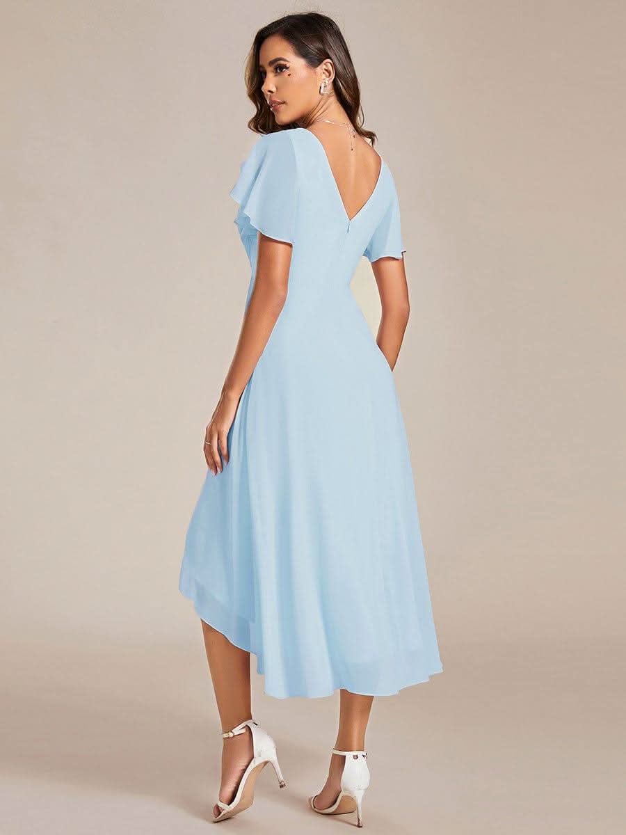 Pleated Asymmetrical Hem Ruffles Sleeve Chiffon Bridesmaid Dress #color_Sky Blue