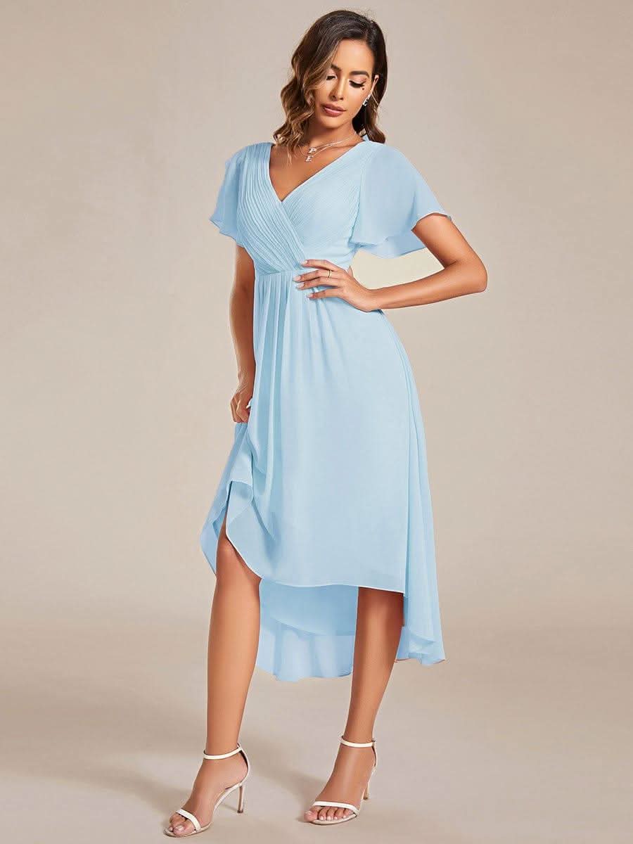 Pleated Asymmetrical Hem Ruffles Sleeve Chiffon Bridesmaid Dress #color_Sky Blue