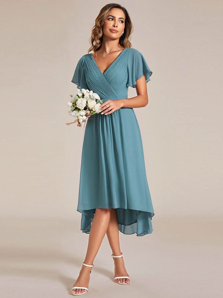 Pleated Asymmetrical Hem Ruffles Sleeve Chiffon Bridesmaid Dress #color_Light Teal