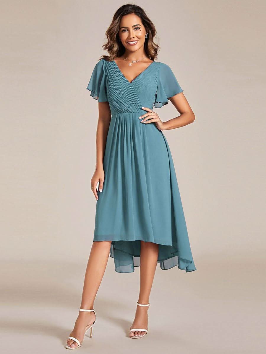 Pleated Asymmetrical Hem Ruffles Sleeve Chiffon Bridesmaid Dress #color_Light Teal