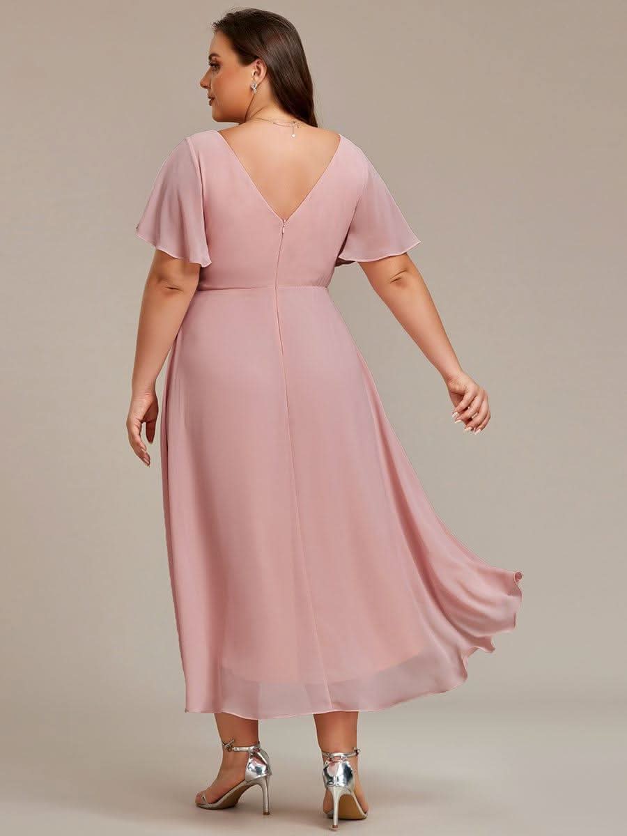 Pleated Asymmetrical Hem Ruffles Sleeve Chiffon Bridesmaid Dress #color_Dusty Rose