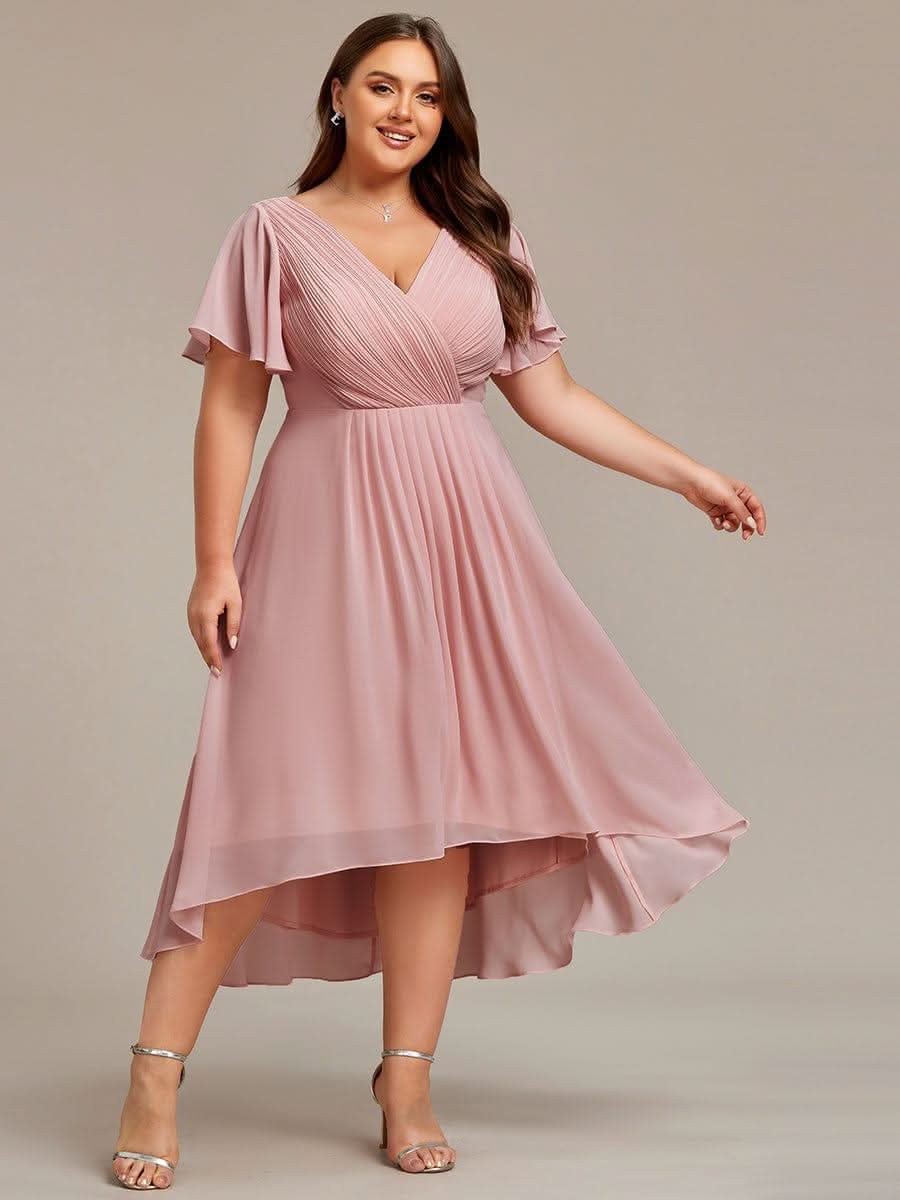 Pleated Asymmetrical Hem Ruffles Sleeve Chiffon Bridesmaid Dress #color_Dusty Rose