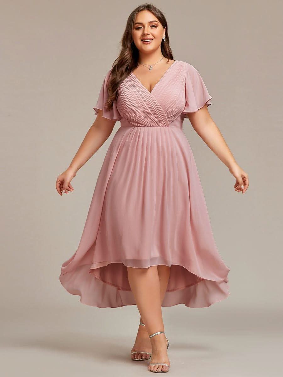 Pleated Asymmetrical Hem Ruffles Sleeve Chiffon Bridesmaid Dress #color_Dusty Rose