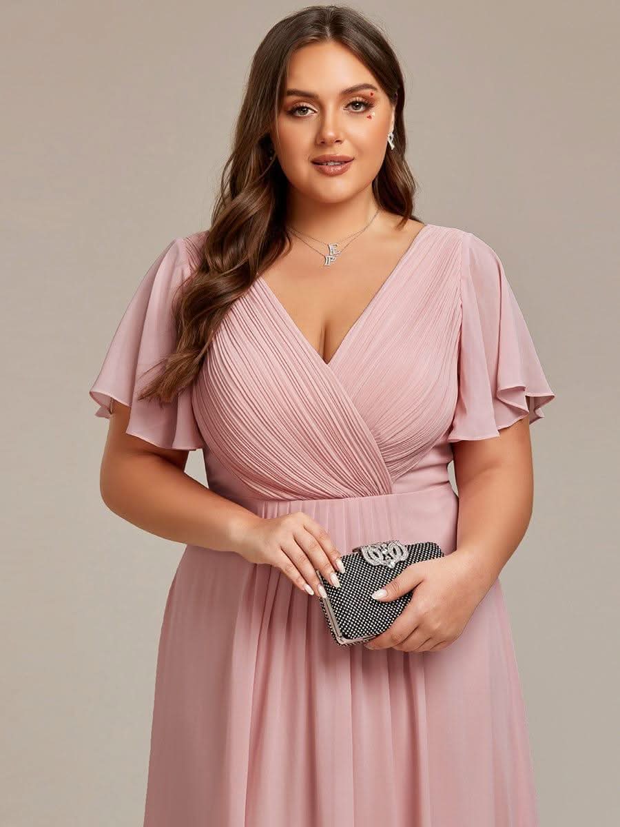 Pleated Asymmetrical Hem Ruffles Sleeve Chiffon Bridesmaid Dress #color_Dusty Rose