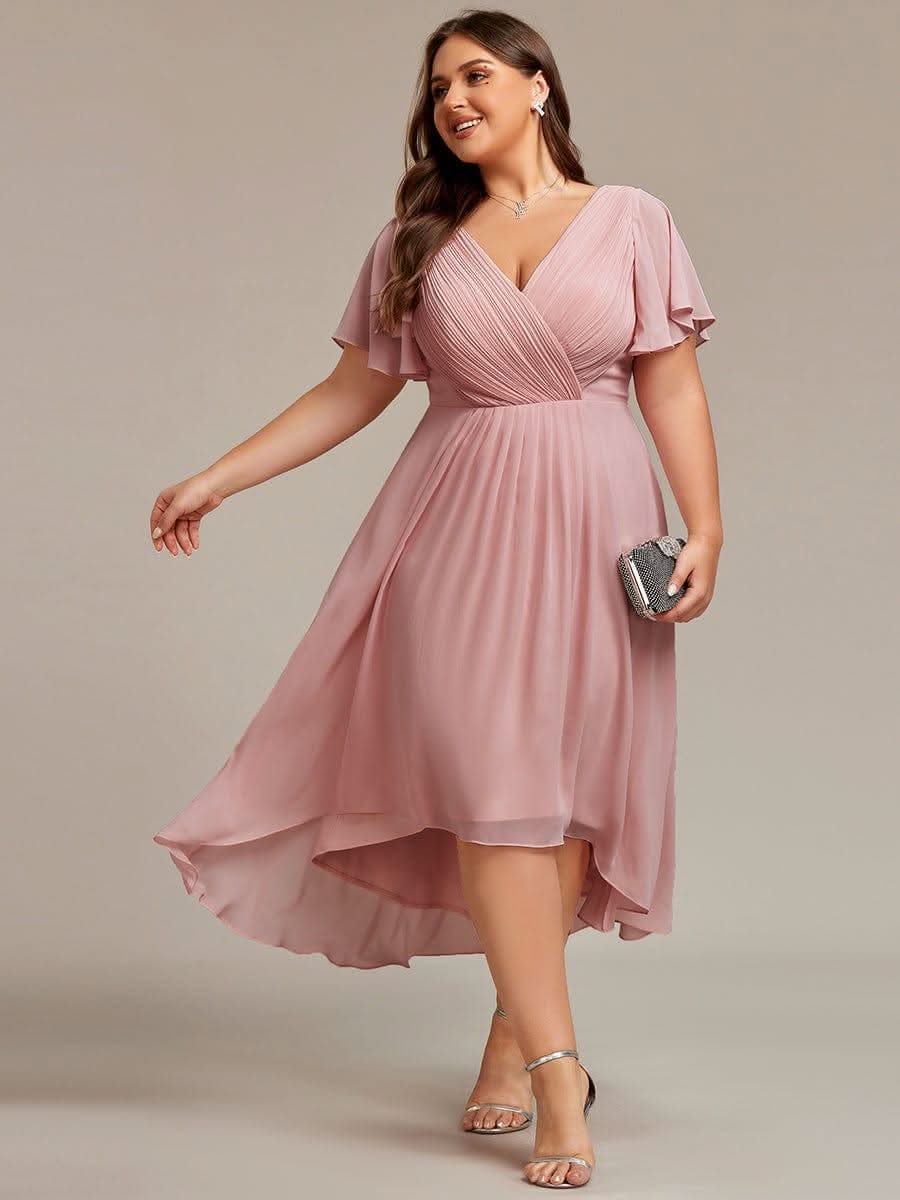 Pleated Asymmetrical Hem Ruffles Sleeve Chiffon Bridesmaid Dress #color_Dusty Rose