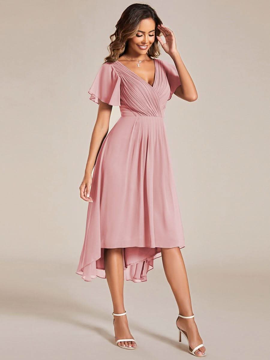 Pleated Asymmetrical Hem Ruffles Sleeve Chiffon Bridesmaid Dress #color_Dusty Rose